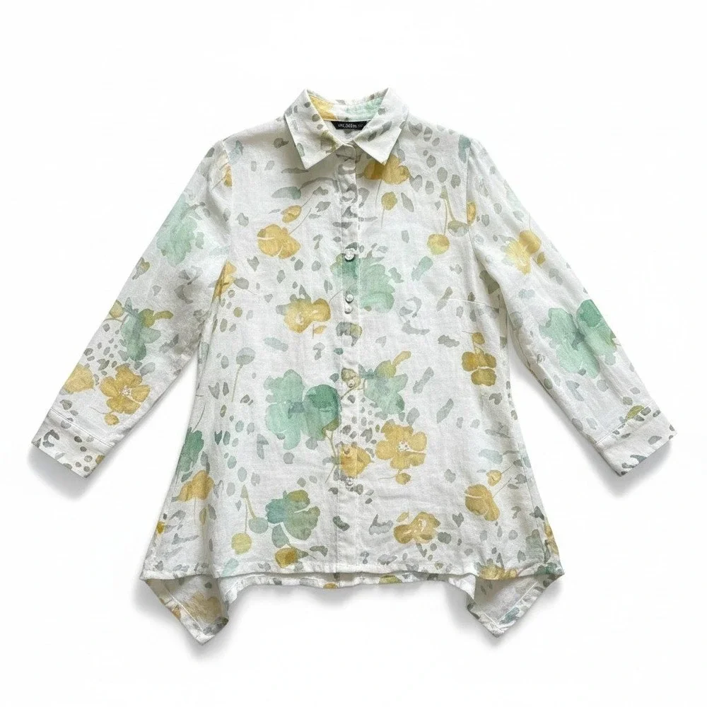Mirror‎ Image Womens M Sheer Linen Blend Floral Burnout High Low Green Yellow